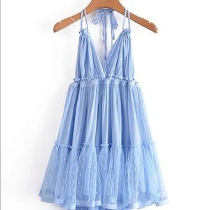 Dobby mesh- self tie ruffled halter dress